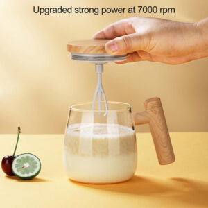 Taza Mezcladora Automática de Vidrio 500ml — Batido Automático con Mango de Madera