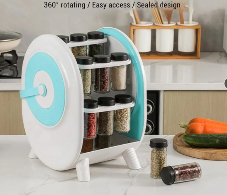 Cocina 19 Organizador Giratorio de Especias 360° — 18 Frascos de Vidrio Incluidos | Modelo Astronauta