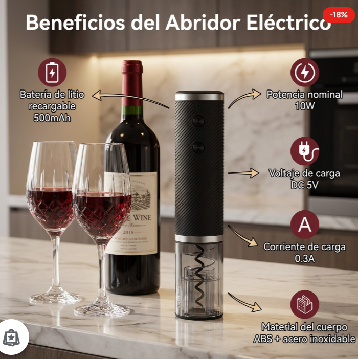 Abridor de Vinos Eléctrico Recargable — Sacacorchos Automático 3 Abridor de Vinos Eléctrico Recargable — Sacacorchos Automático - Imagen 3