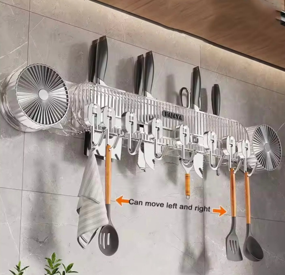 Cocina 17 Organizador de Cubiertos de Pared — Riel con Ganchos Móviles, Porta Cuchillos y Porta Utensilios