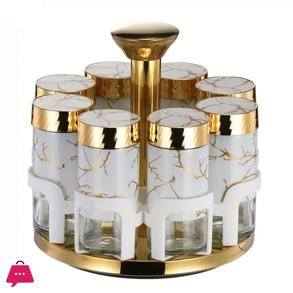 Cocina 11 Especiero Giratorio 8 Frascos — Diseño Mármol y Dorado | Negro y Blanco