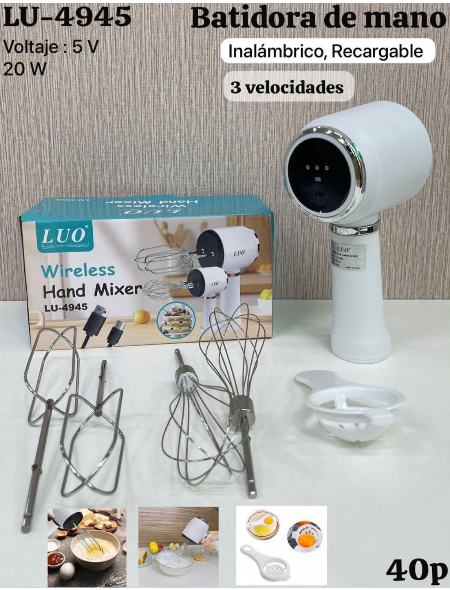 Cocina 5 Batidora de Mano Inalámbrica LUO LU-4945 — 3 Velocidades, Recargable y 3 Accesorios Incluidos | 20W